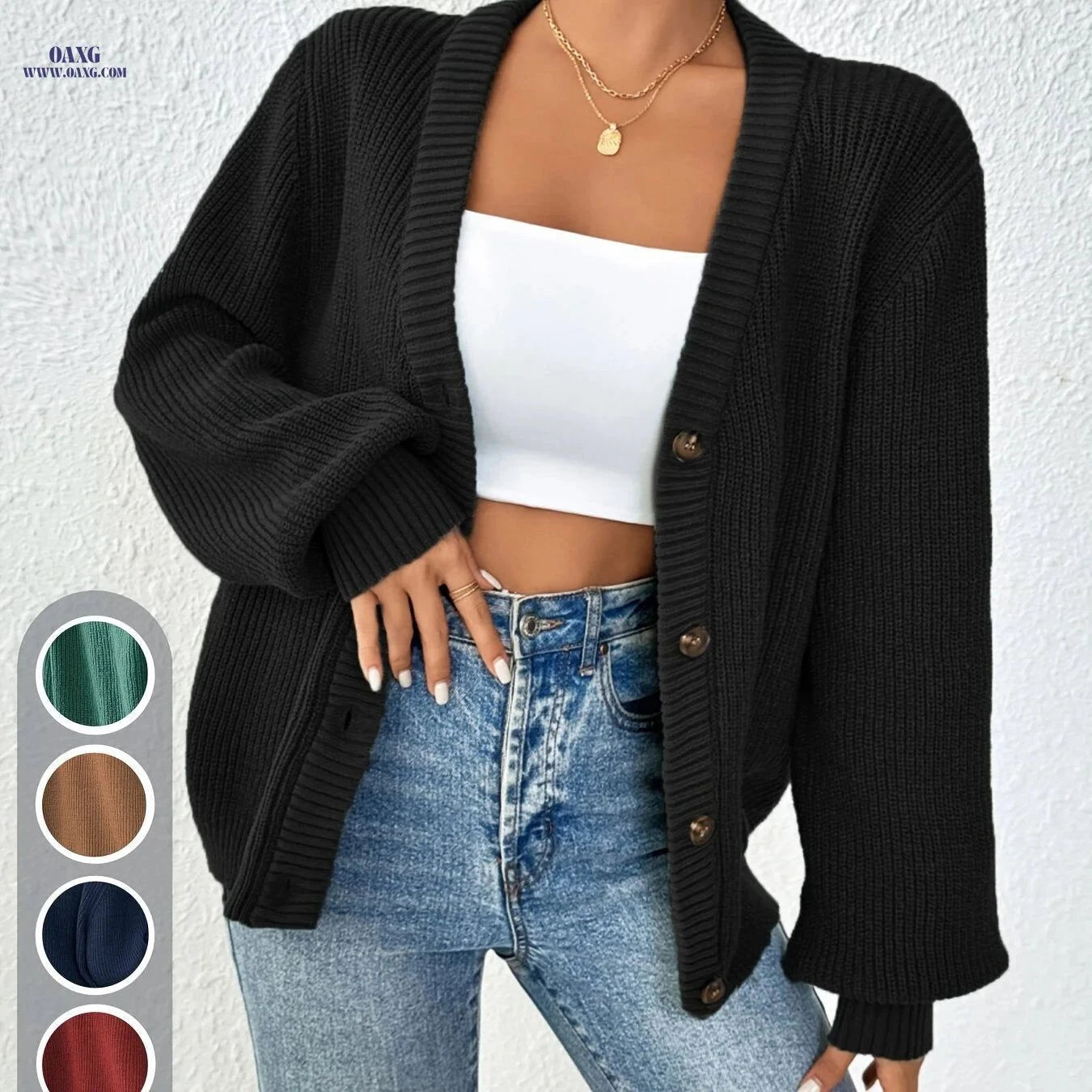 OAXG Elegant Women's V-Neck Cardigan Sweater - Solid Color Style   OAXG Black / XS