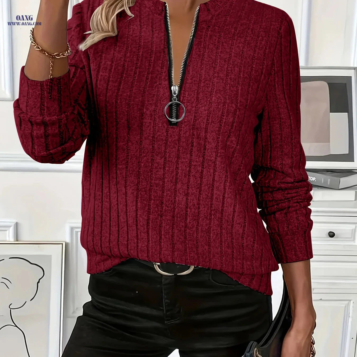 OAXG Elegant Women's Zip-Up Pullover - Comfortable Autumn Sweatshirt   OAXG 