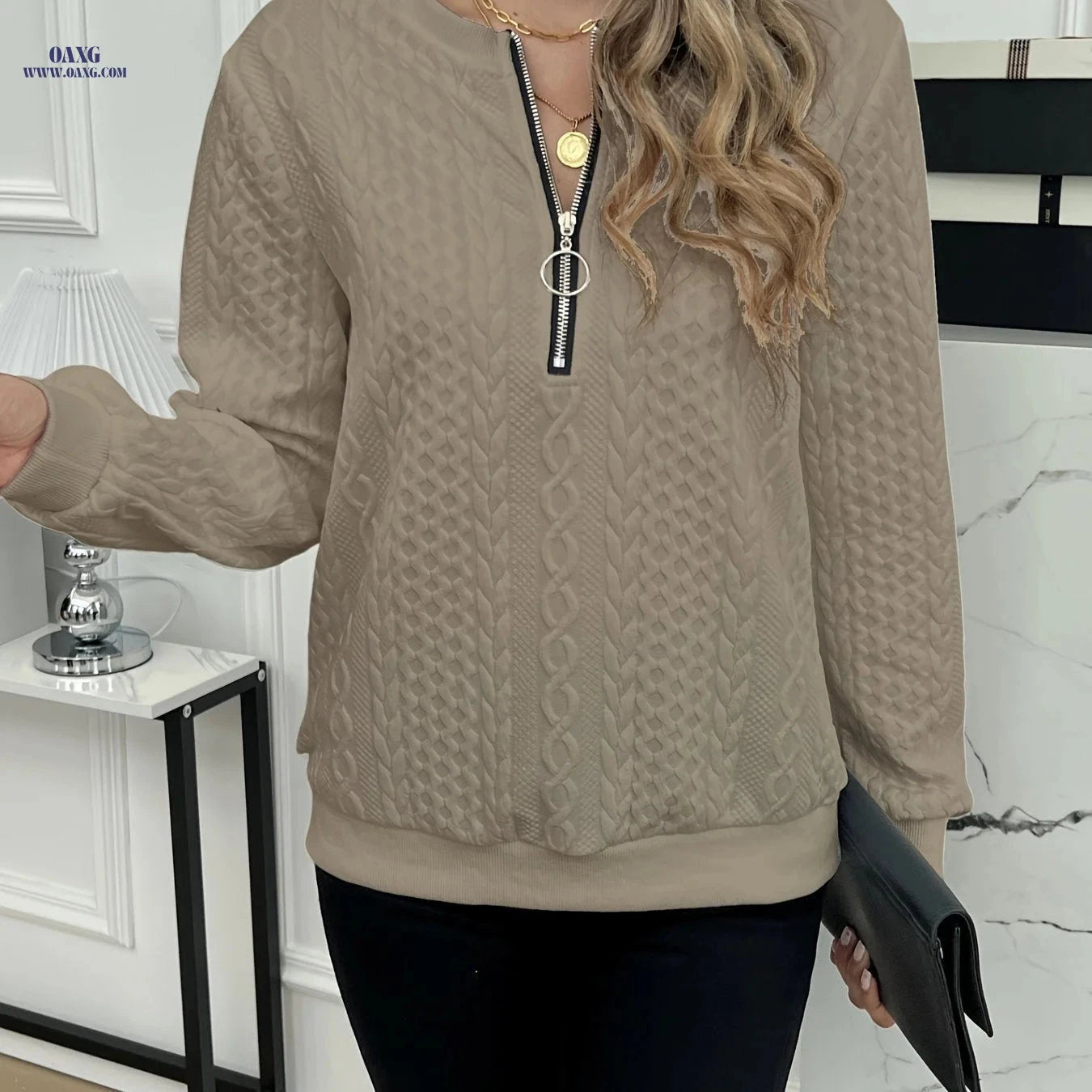 OAXG Elegant Zipper Sweatshirt - European American Fashion, Fall/Winter   OAXG 