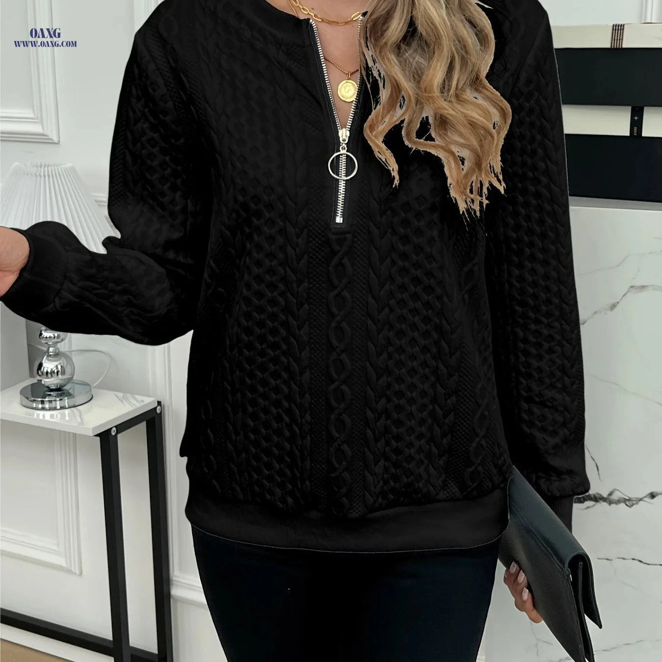 OAXG Elegant Zipper Sweatshirt - European American Fashion, Fall/Winter   OAXG 