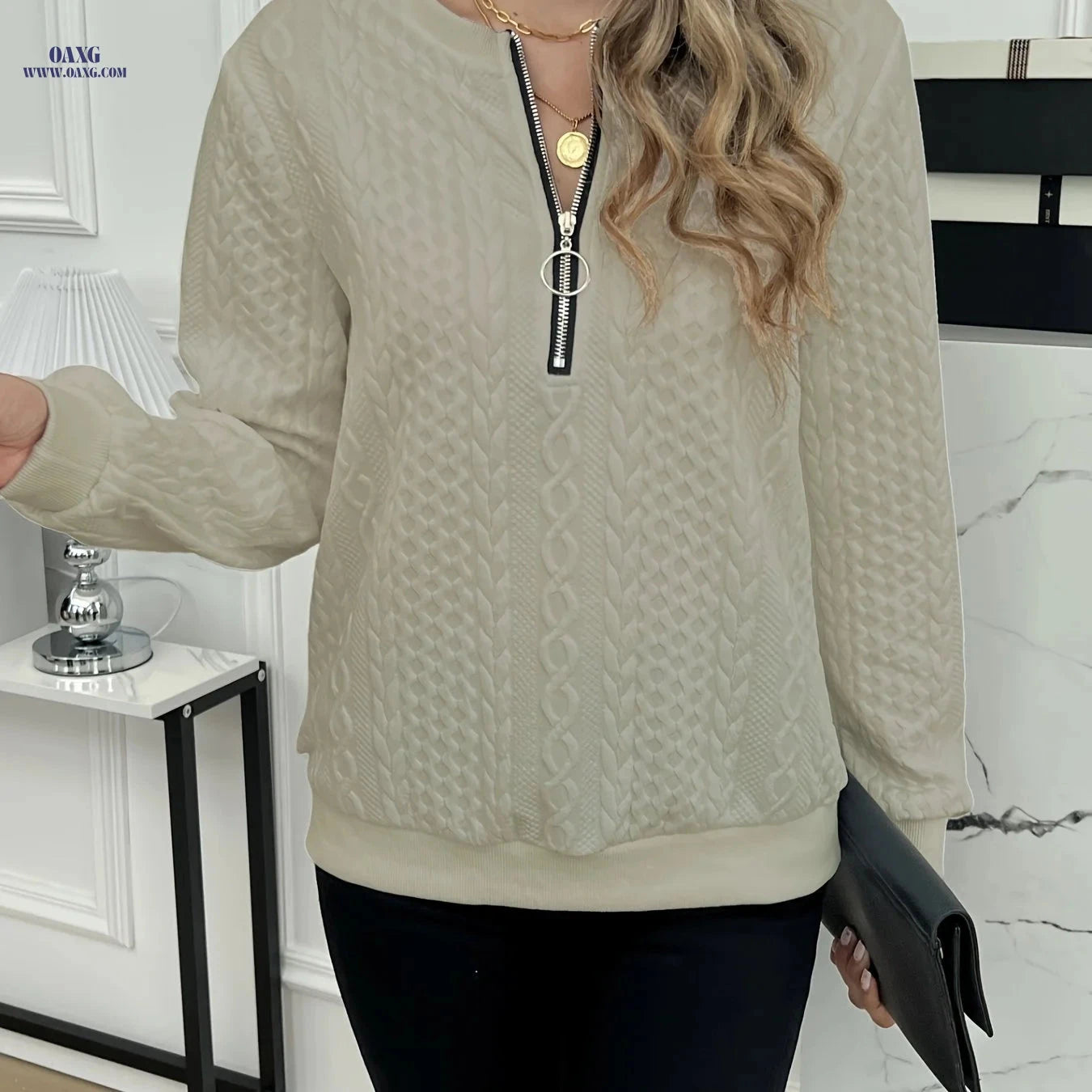 OAXG Elegant Zipper Sweatshirt - European American Fashion, Fall/Winter   OAXG 
