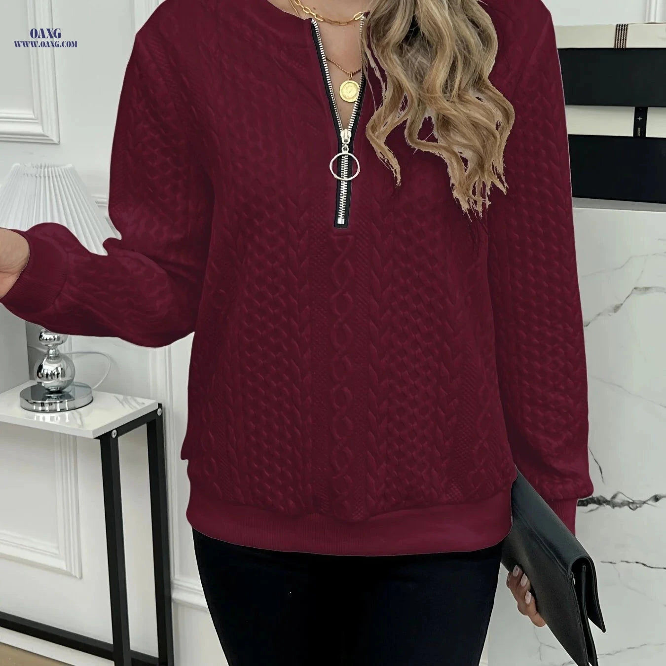 OAXG Elegant Zipper Sweatshirt - Stylish Fall/Winter Fashion   OAXG 