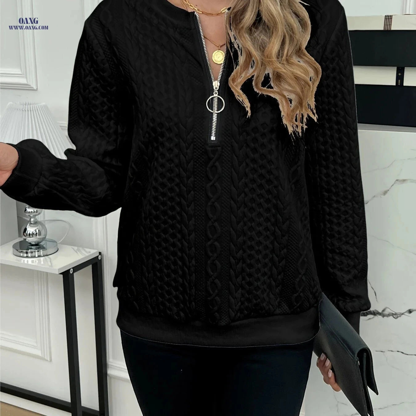 OAXG Elegant Zipper Sweatshirt - Stylish Fall/Winter Fashion   OAXG 
