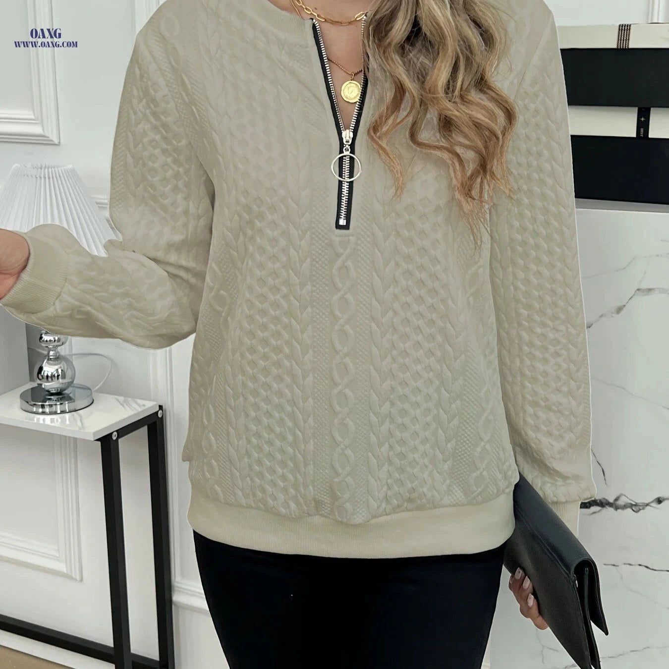 OAXG Elegant Zipper Sweatshirt - Stylish Fall/Winter Fashion   OAXG 