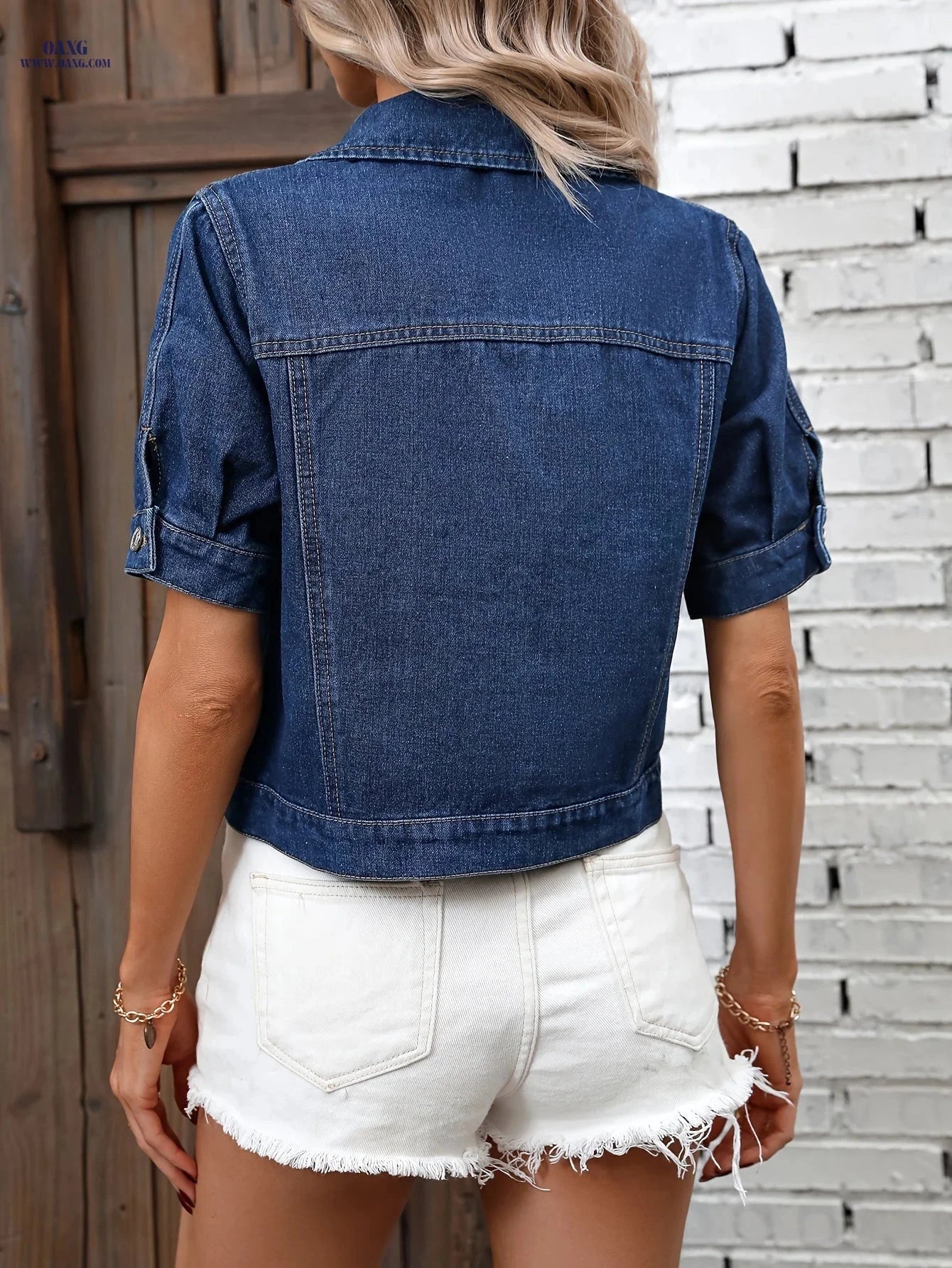 OAXG Flap Pocket Denim Jacket - Short Sleeve, Elegant Style for Spring   OAXG 