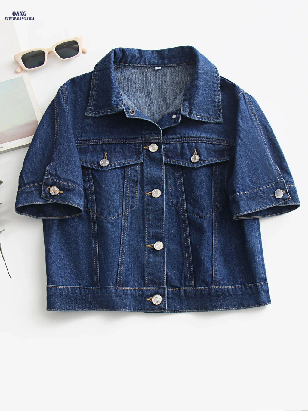 OAXG Flap Pocket Denim Jacket - Short Sleeve, Elegant Style for Spring   OAXG 
