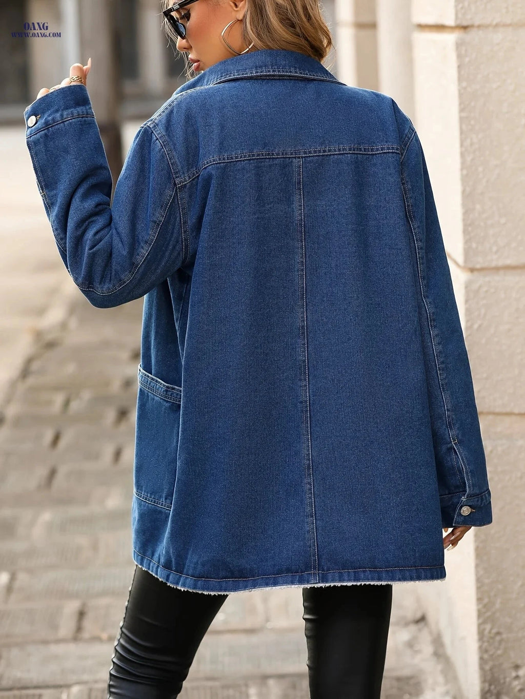 OAXG Fleece-Lined Denim Jacket - Multi-Pocket, Elegant Fall Style   OAXG 