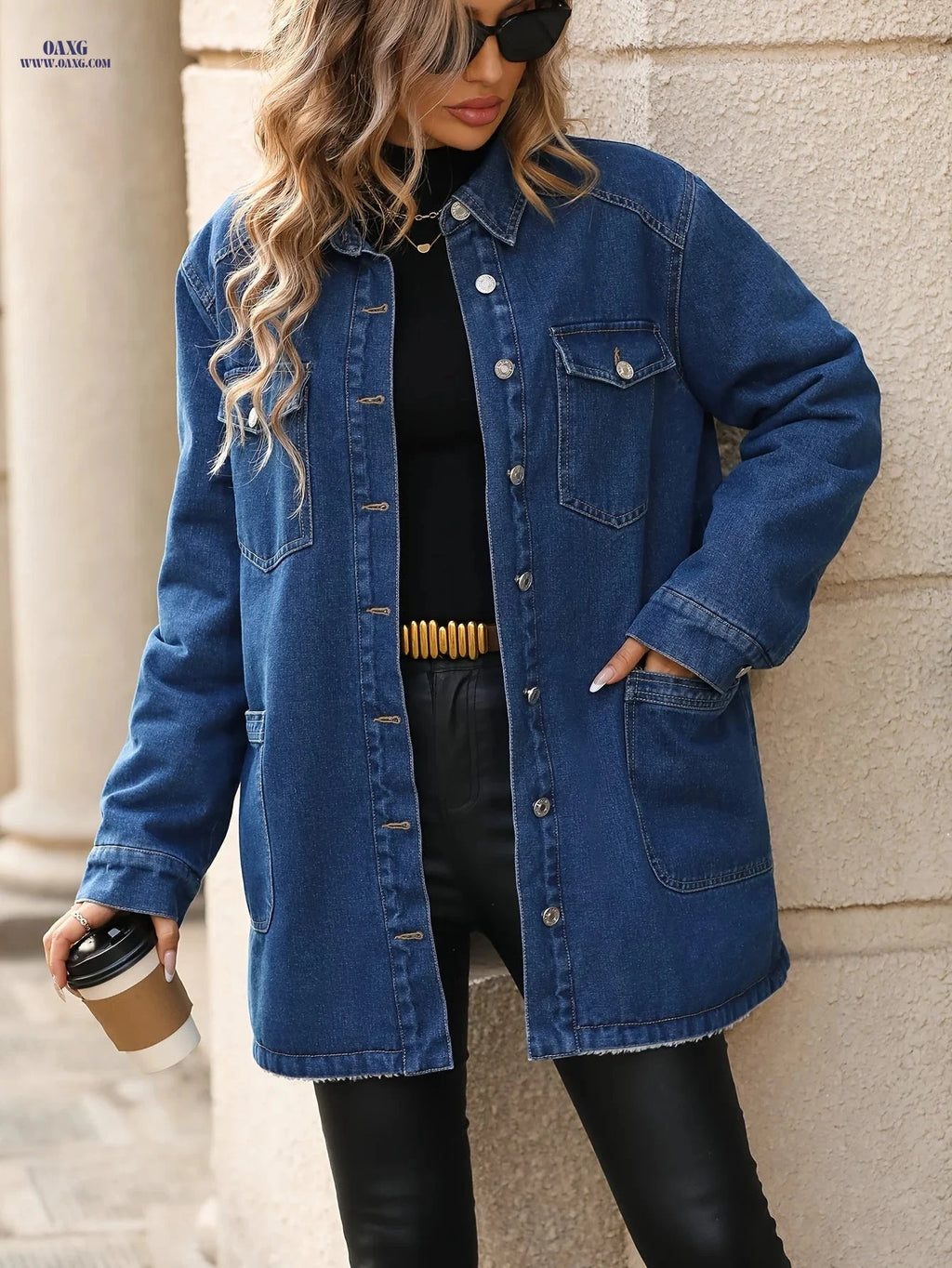 OAXG Fleece-Lined Denim Jacket - Multi-Pocket, Elegant Fall Style   OAXG 