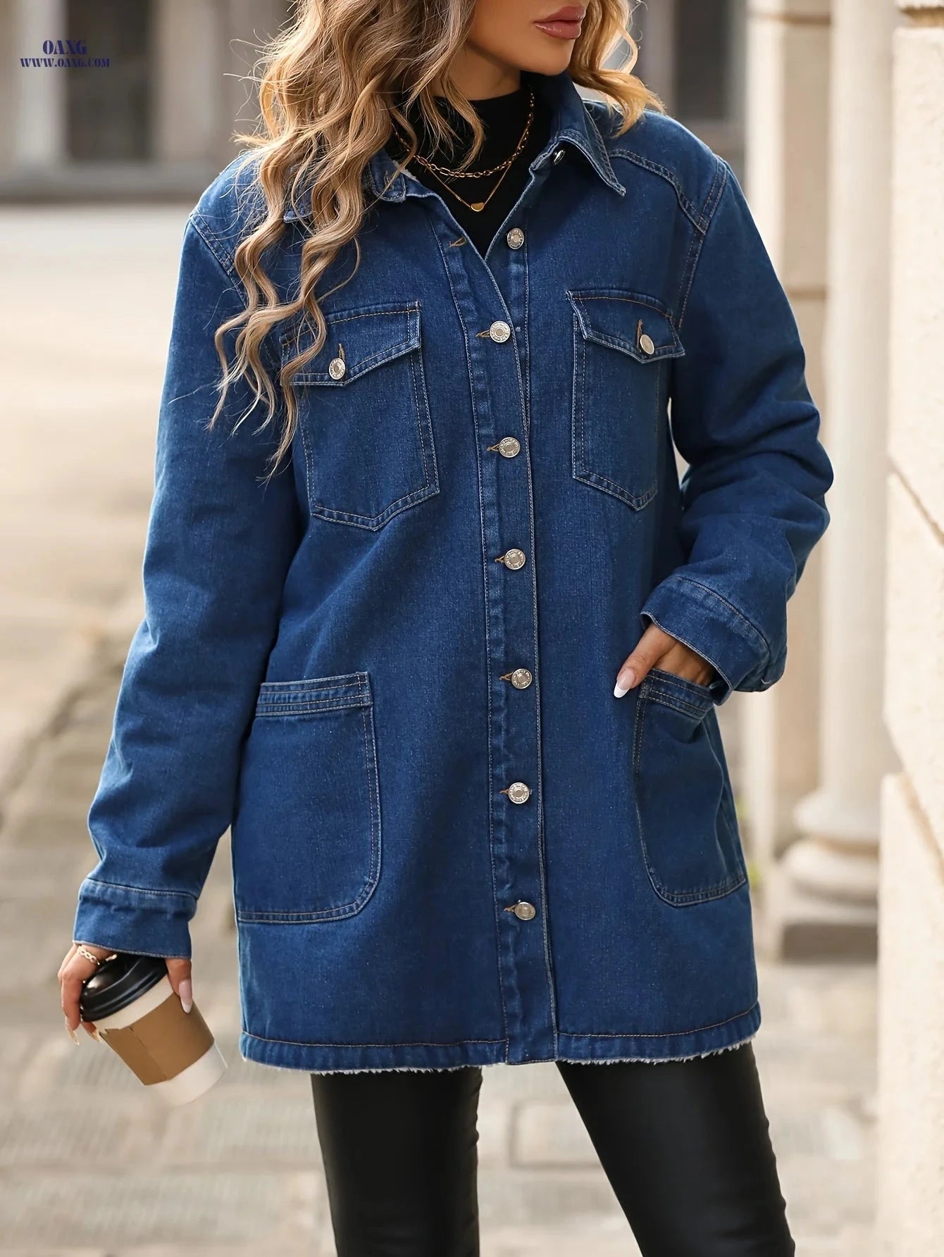 OAXG Fleece-Lined Denim Jacket - Multi-Pocket, Elegant Fall Style   OAXG 