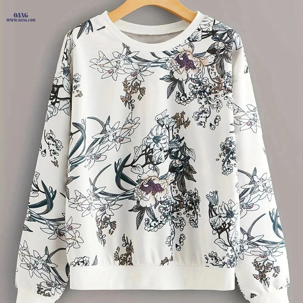 OAXG Floral Print Sweatshirt Top - Round Neck, Drop Shoulder Style   OAXG Ivory White / S