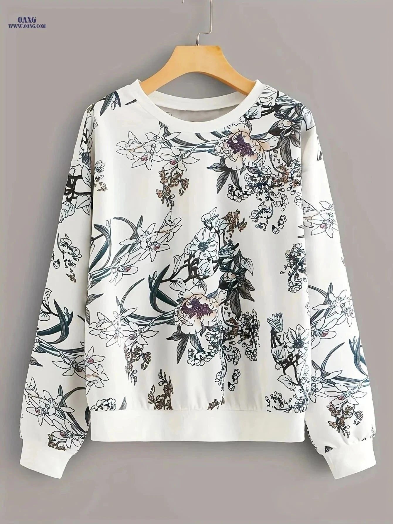 OAXG Floral Print Sweatshirt Top - Round Neck, Drop Shoulder Style   OAXG Ivory White / S