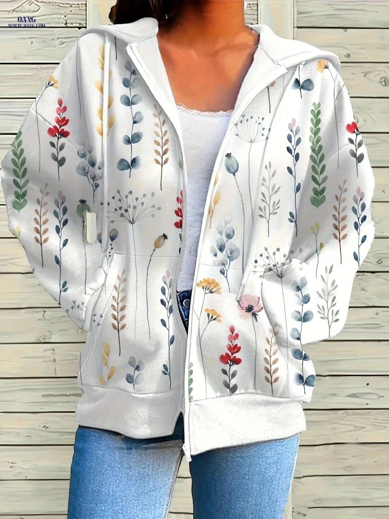 OAXG Floral Print Zip Up Hoodie - Women's Casual Long Sleeve Outwear   OAXG White / S