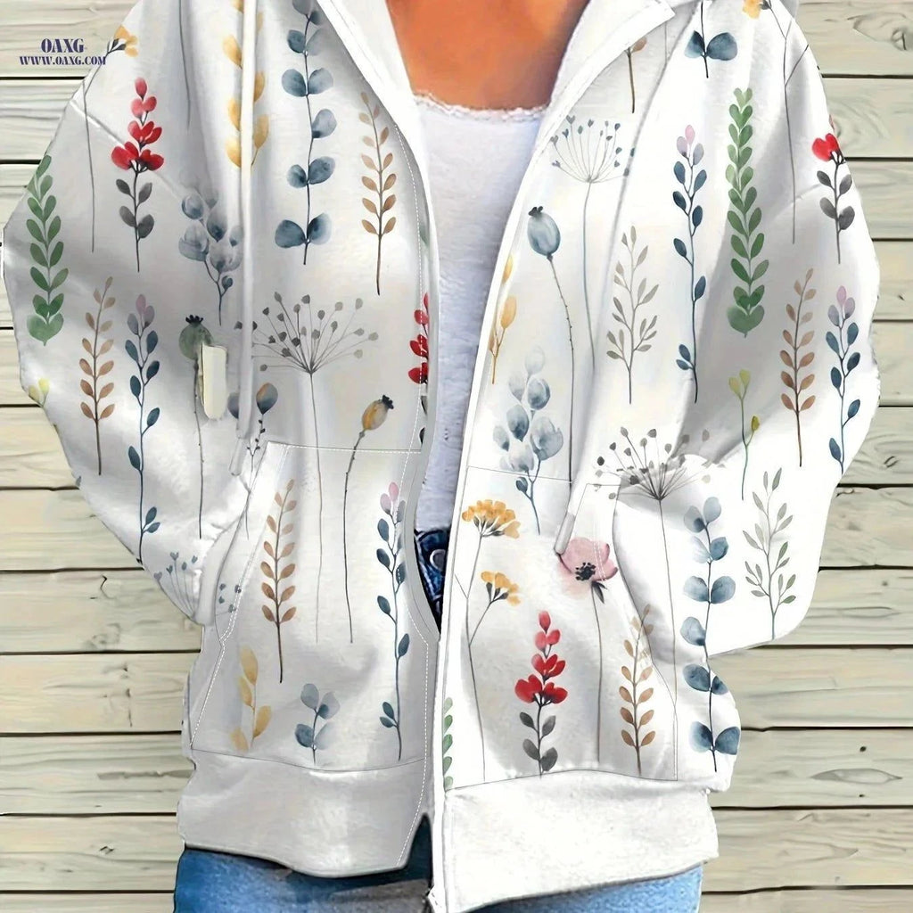 OAXG Floral Print Zip Up Hoodie - Women's Casual Long Sleeve Outwear   OAXG White / S