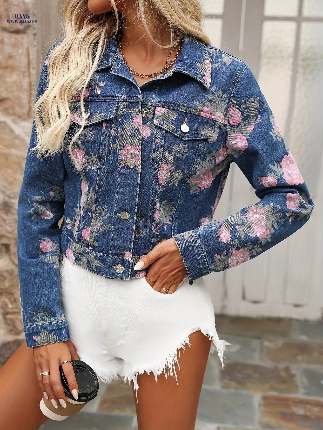 OAXG Floral Printed Denim Jacket - Elegant Spring/Fall Style   OAXG 