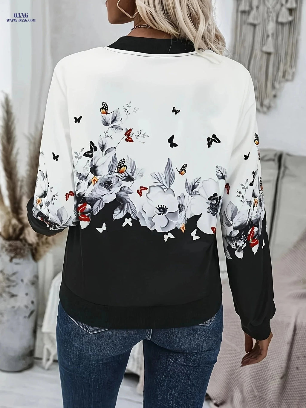 OAXG Floral Sweatshirt - Elegant Stand Collar with Zipper Detail   OAXG 
