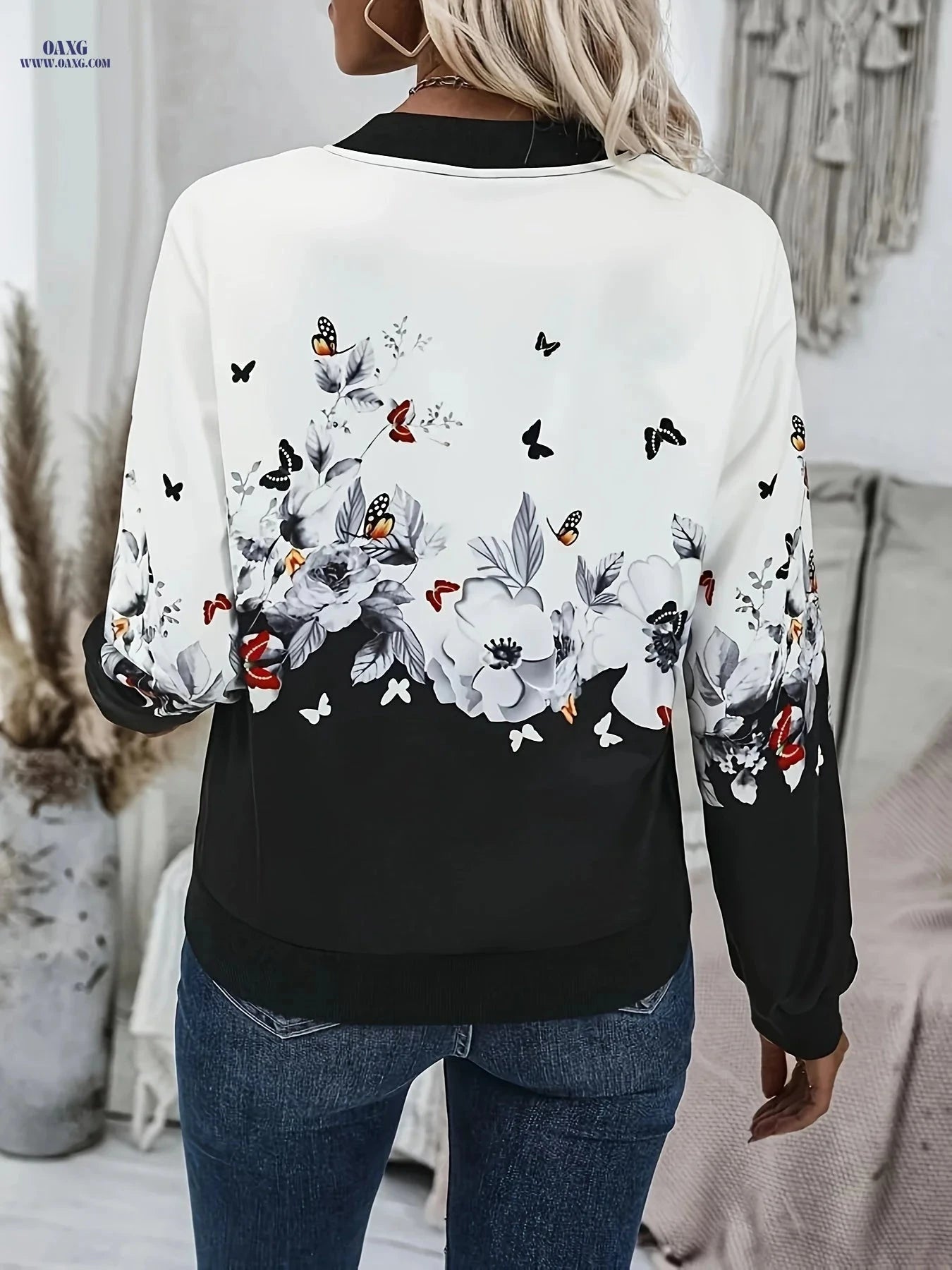 OAXG Floral Sweatshirt - Elegant Stand Collar with Zipper Detail   OAXG 