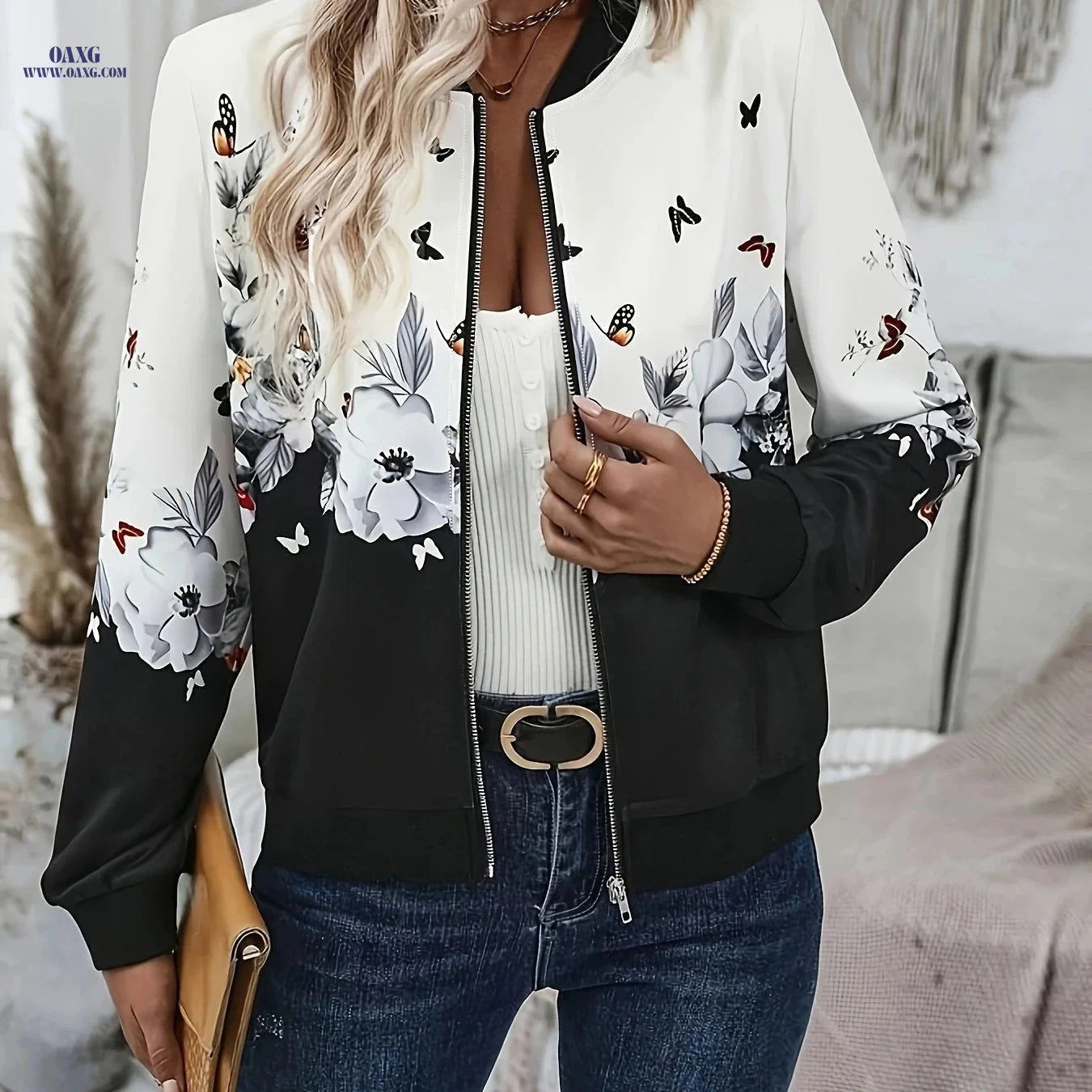 OAXG Floral Sweatshirt - Elegant Stand Collar with Zipper Detail   OAXG 