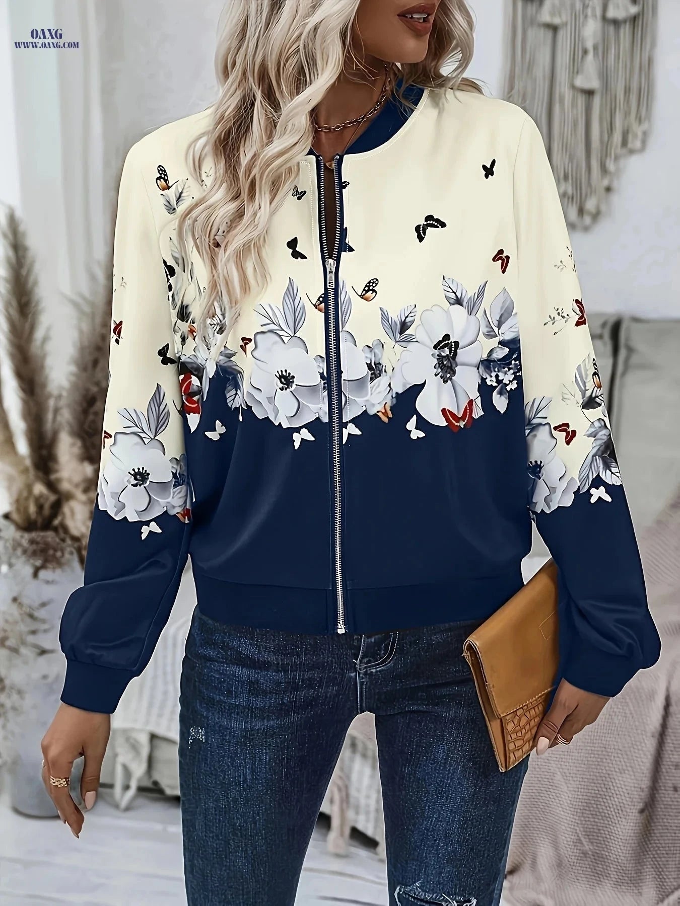 OAXG Floral Sweatshirt - Elegant Stand Collar with Zipper Detail   OAXG 