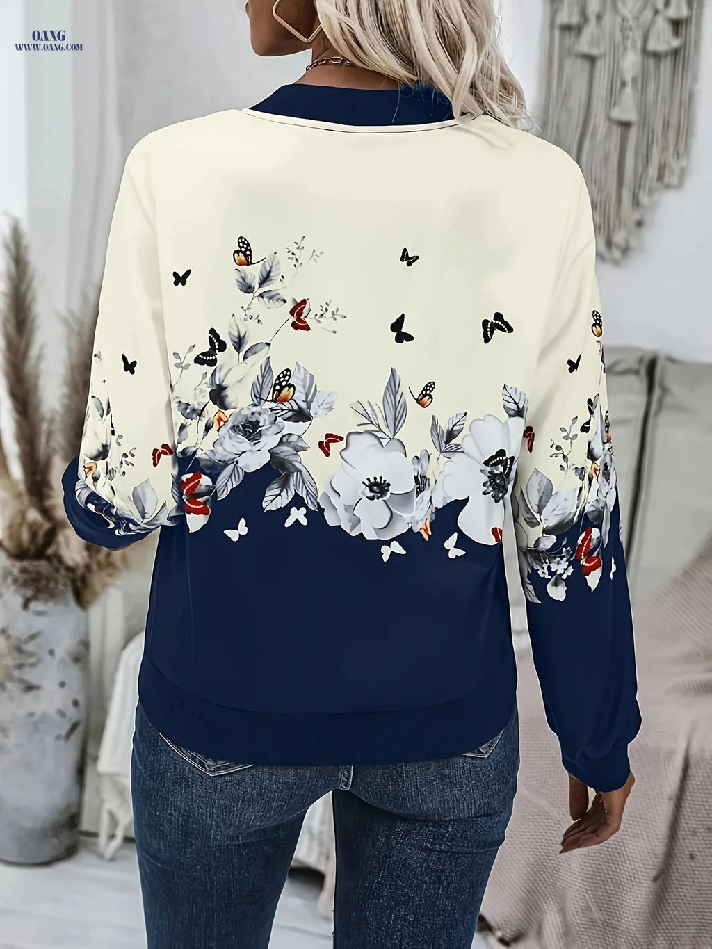 OAXG Floral Sweatshirt - Elegant Stand Collar with Zipper Detail   OAXG 