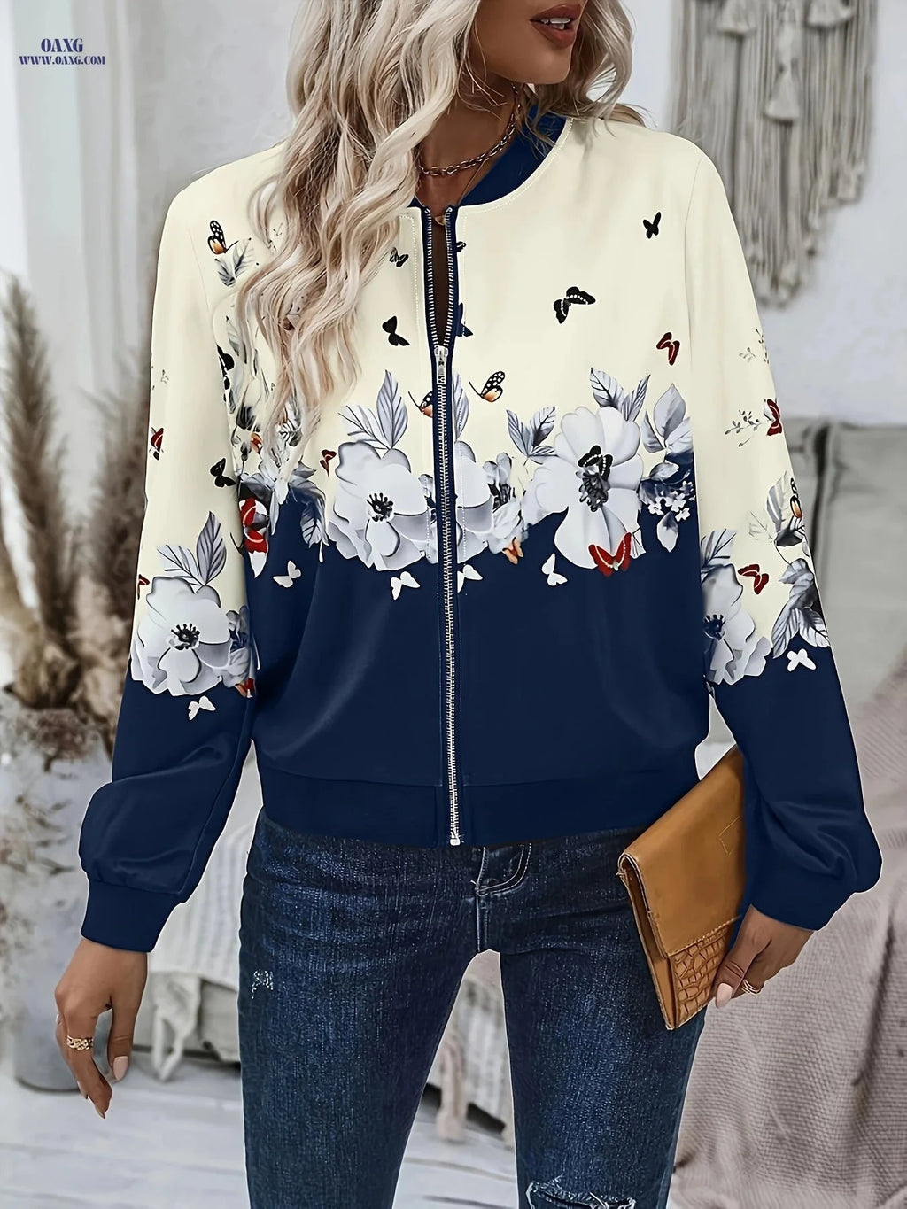 OAXG Floral Sweatshirt - Elegant Stand Collar with Zipper Detail   OAXG 