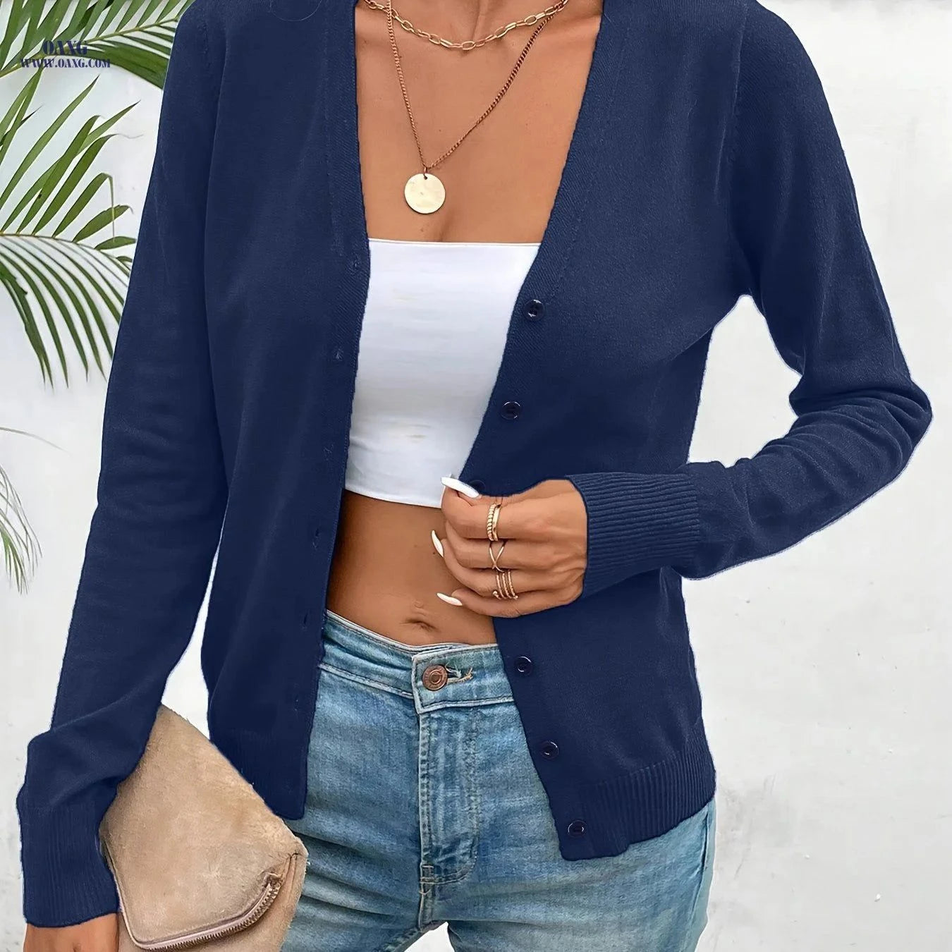 OAXG Graceful Minimalist Cardigan - Elegant V-Neck, Long Sleeve Style   OAXG White / S