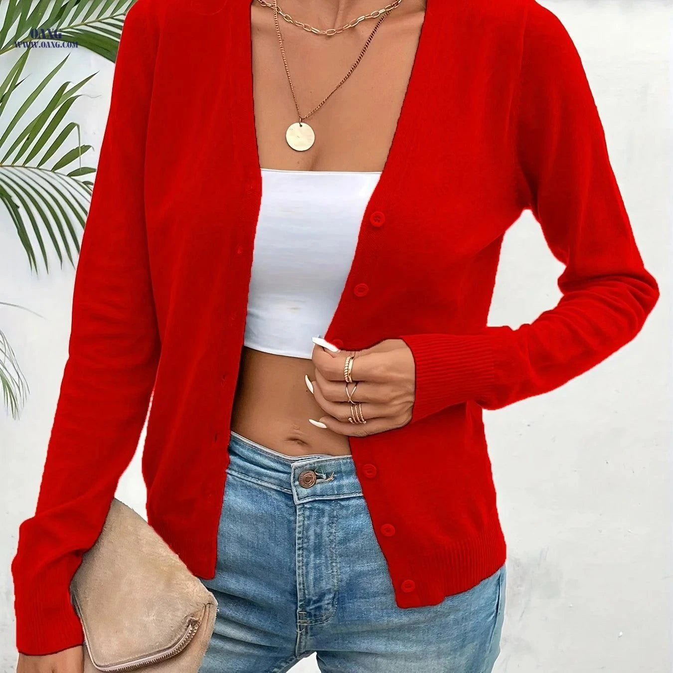 OAXG Graceful Minimalist Cardigan - Elegant V-Neck, Long Sleeve Style   OAXG White / S