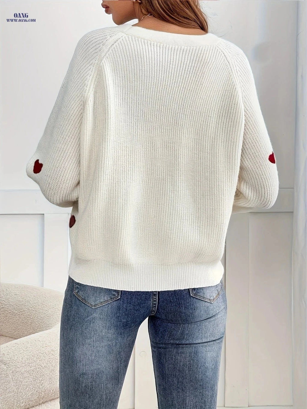 OAXG Heart Embroidered Cardigan Sweater - Elegant Button-Front Style   OAXG White / S