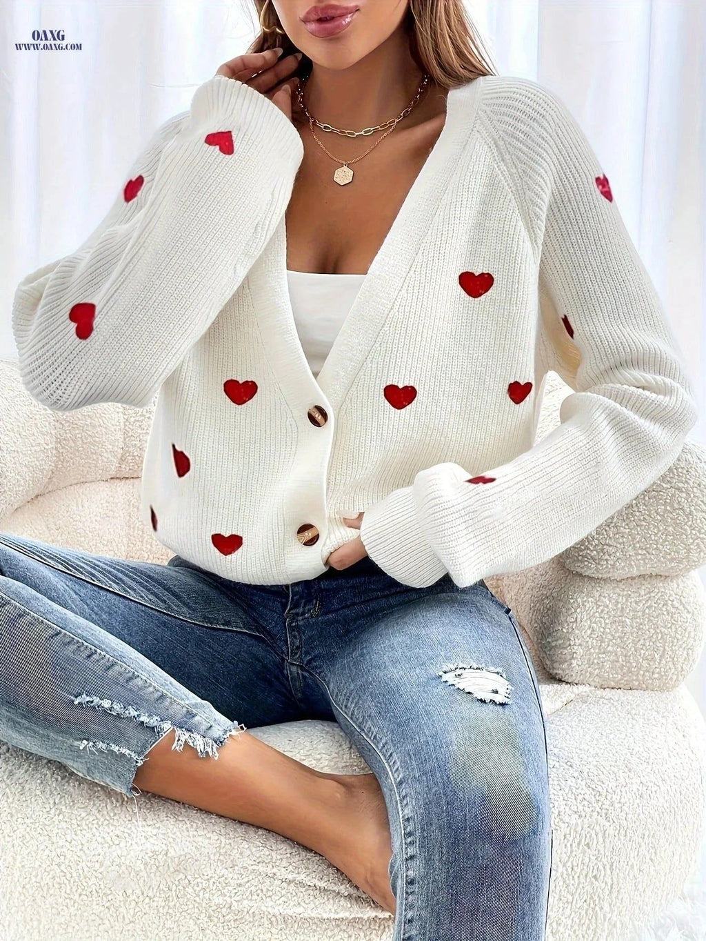 OAXG Heart Embroidered Cardigan Sweater - Elegant Button-Front Style   OAXG White / S