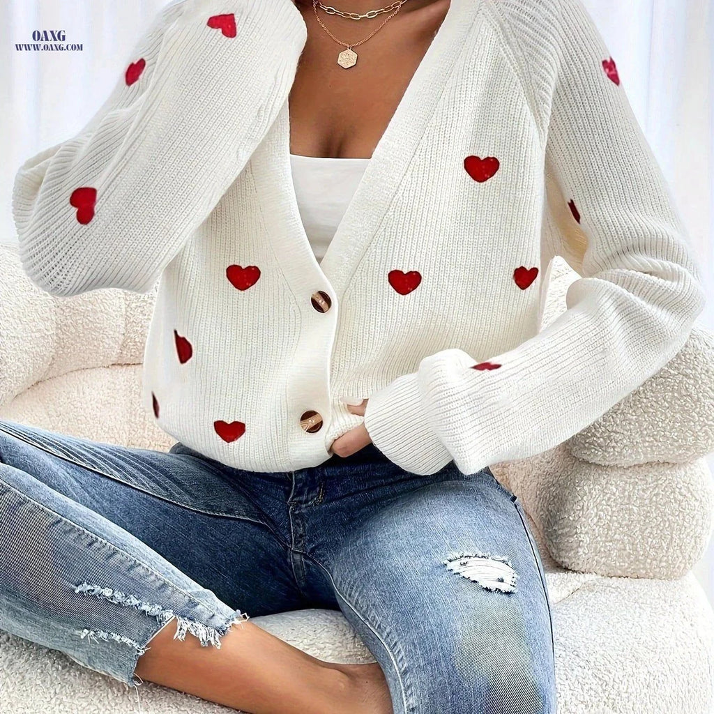 OAXG Heart Embroidered Cardigan Sweater - Elegant Button-Front Style   OAXG White / S