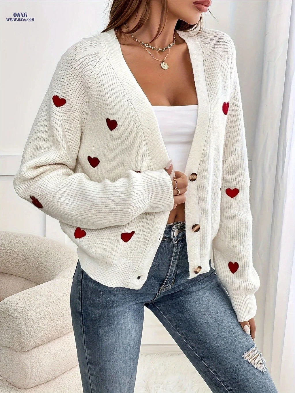 OAXG Heart Embroidered Cardigan Sweater - Elegant Button-Front Style   OAXG White / S