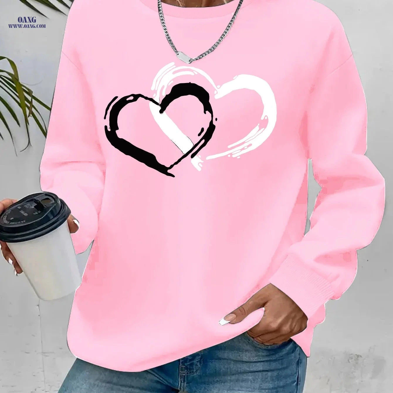 OAXG Heart Graphic Print Sweatshirt - Casual Crew Neck for Women   OAXG 