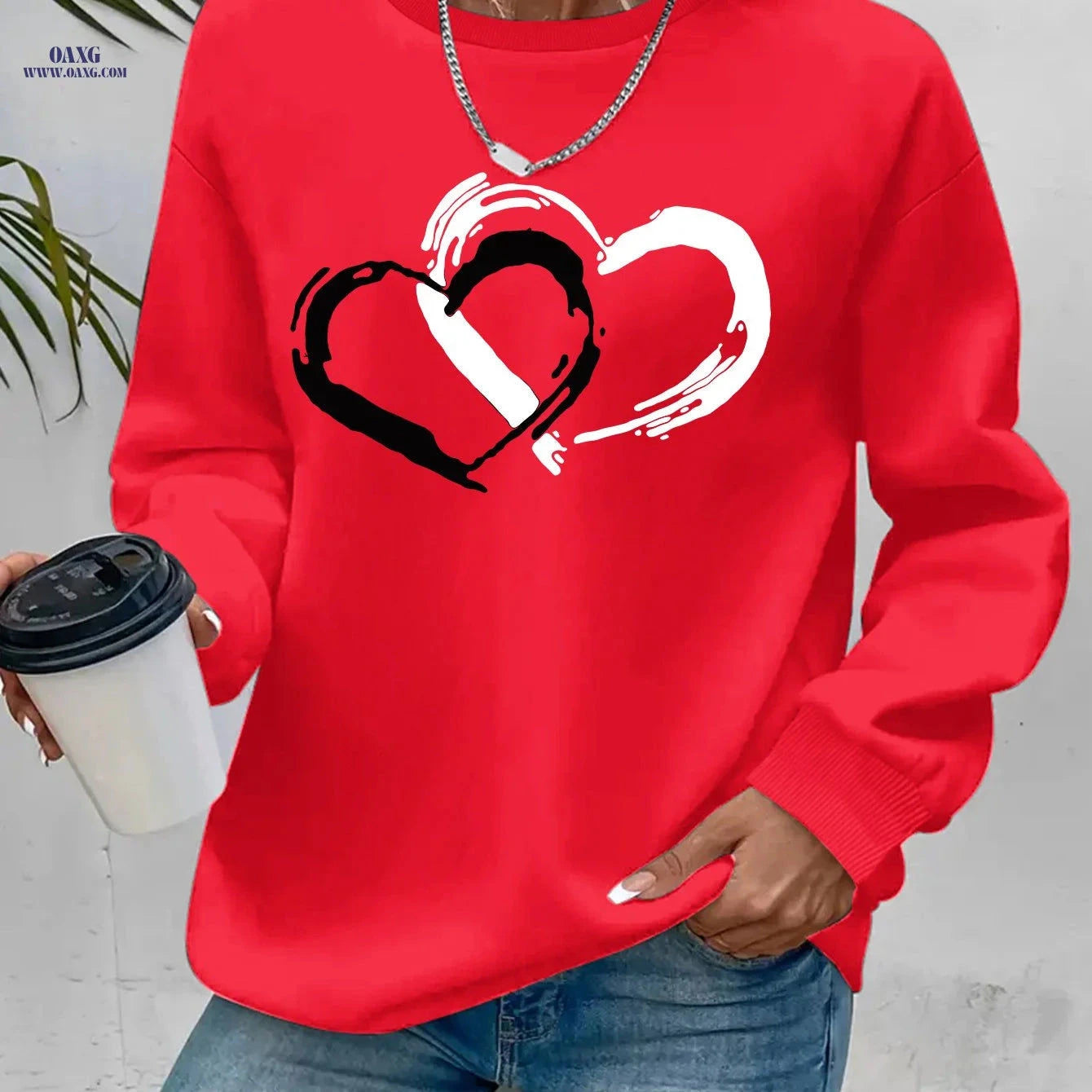OAXG Heart Graphic Print Sweatshirt - Casual Crew Neck for Women   OAXG 