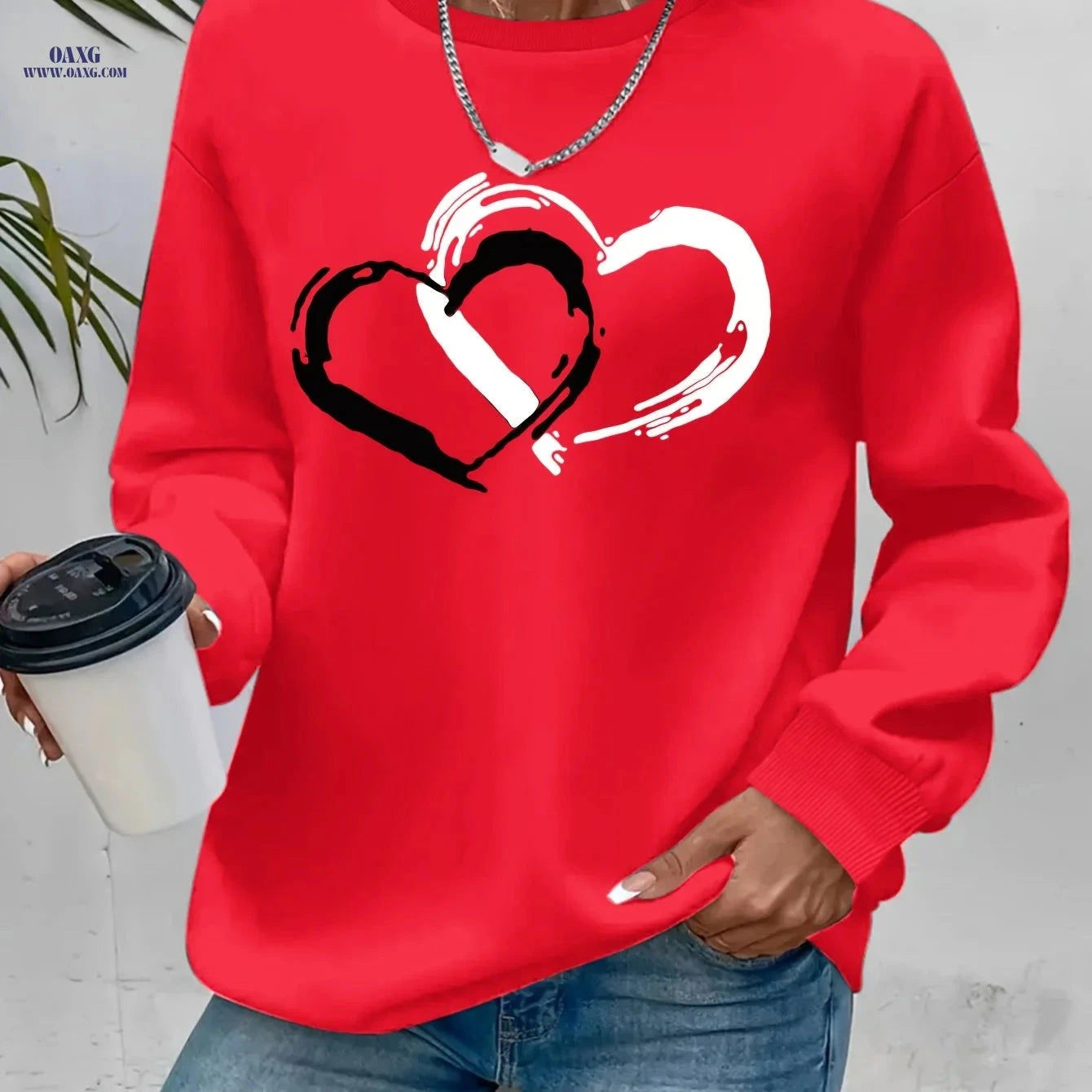 OAXG Heart Graphic Sweatshirt - Casual Crew Neck for Fall & Spring   OAXG 