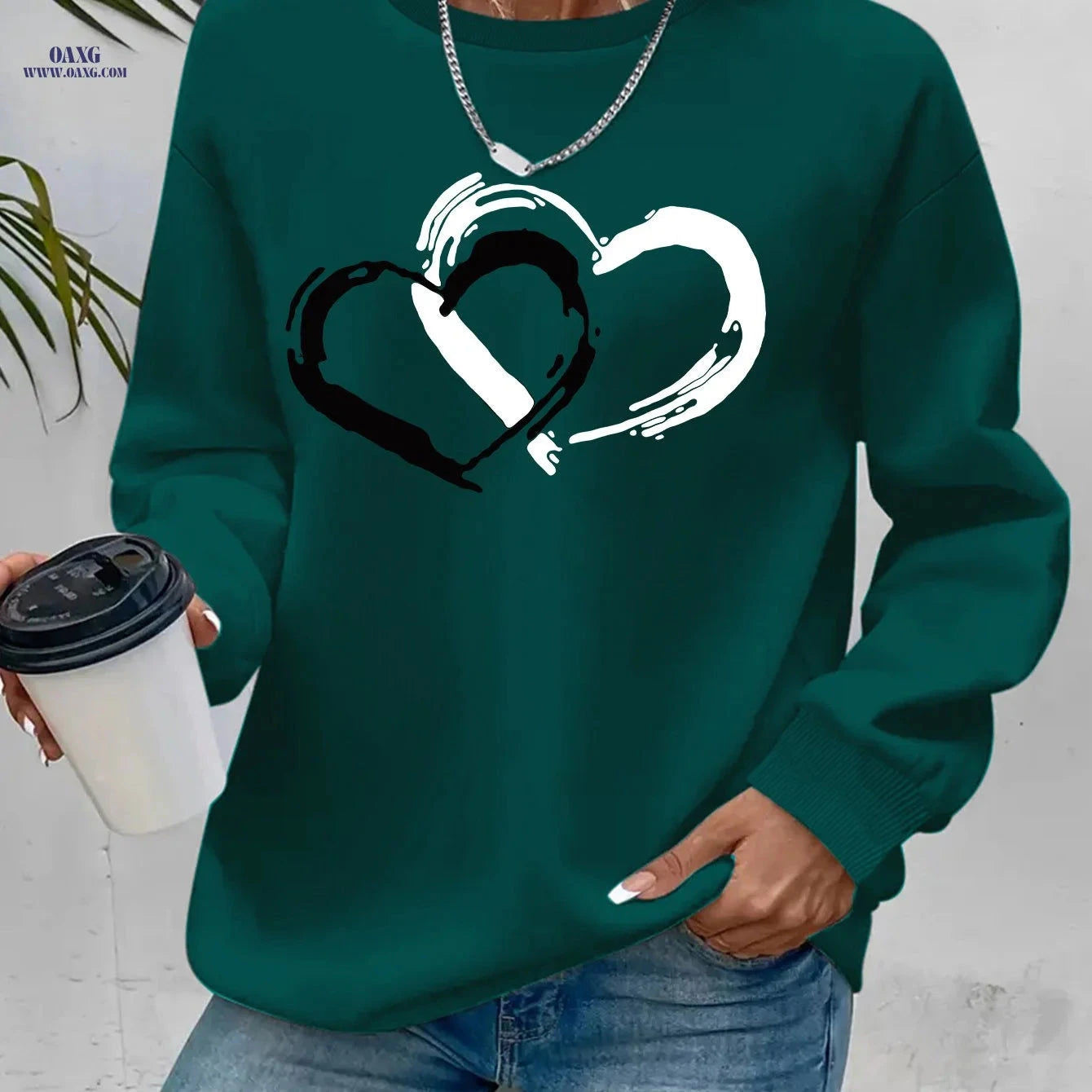 OAXG Heart Graphic Sweatshirt - Casual Crew Neck for Fall & Spring   OAXG 