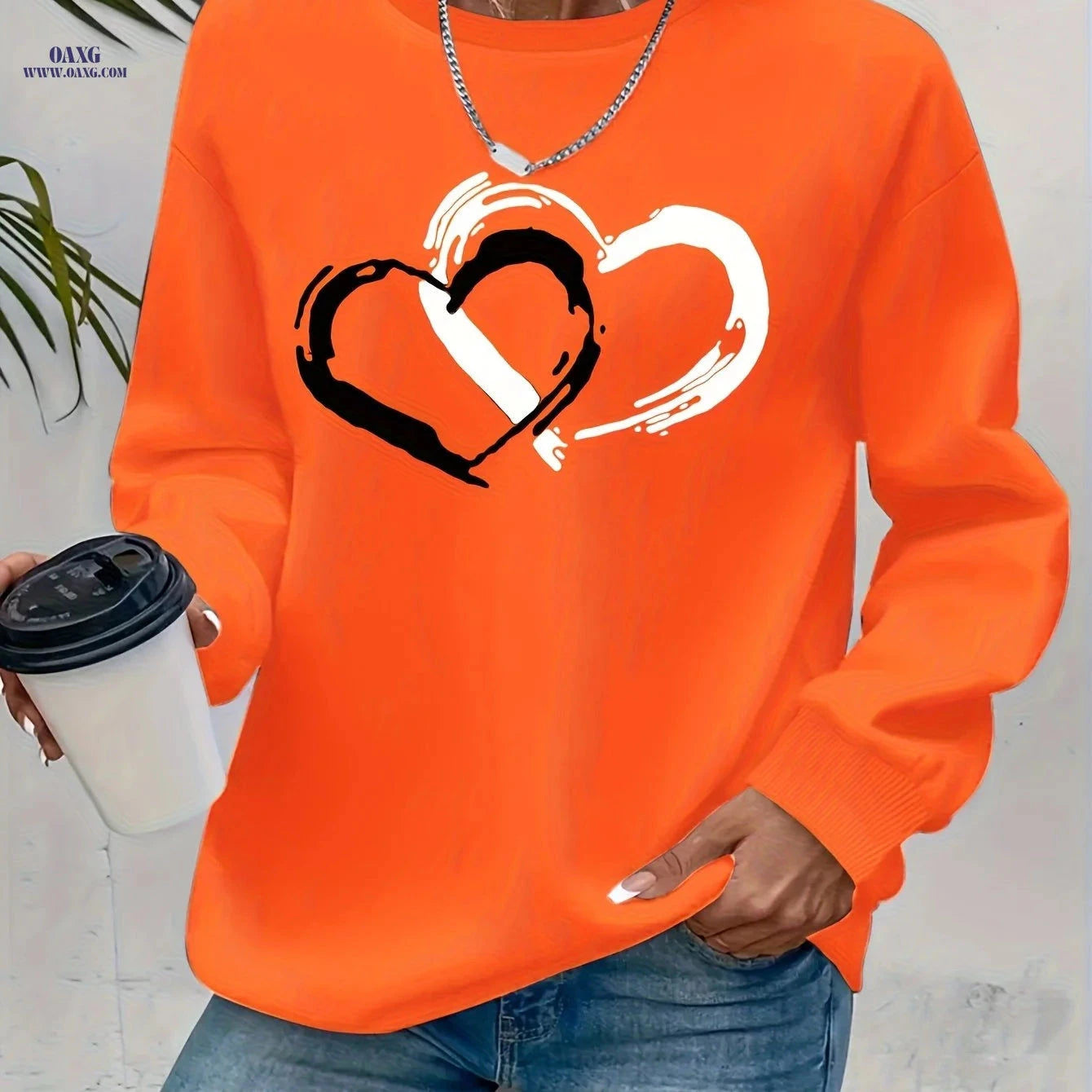 OAXG Heart Graphic Sweatshirt - Casual Crew Neck for Fall & Spring   OAXG 