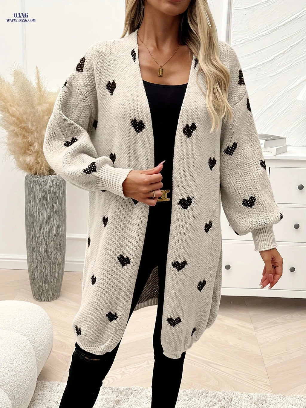 OAXG Heart Pattern Knitted Cardigan - Elegant Casual Long Sleeve   OAXG Khaki / S