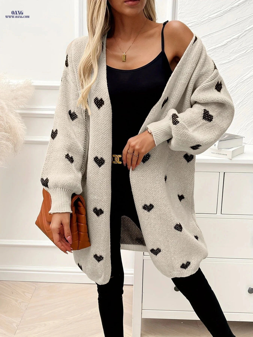 OAXG Heart Pattern Knitted Cardigan - Elegant Casual Long Sleeve   OAXG Khaki / S