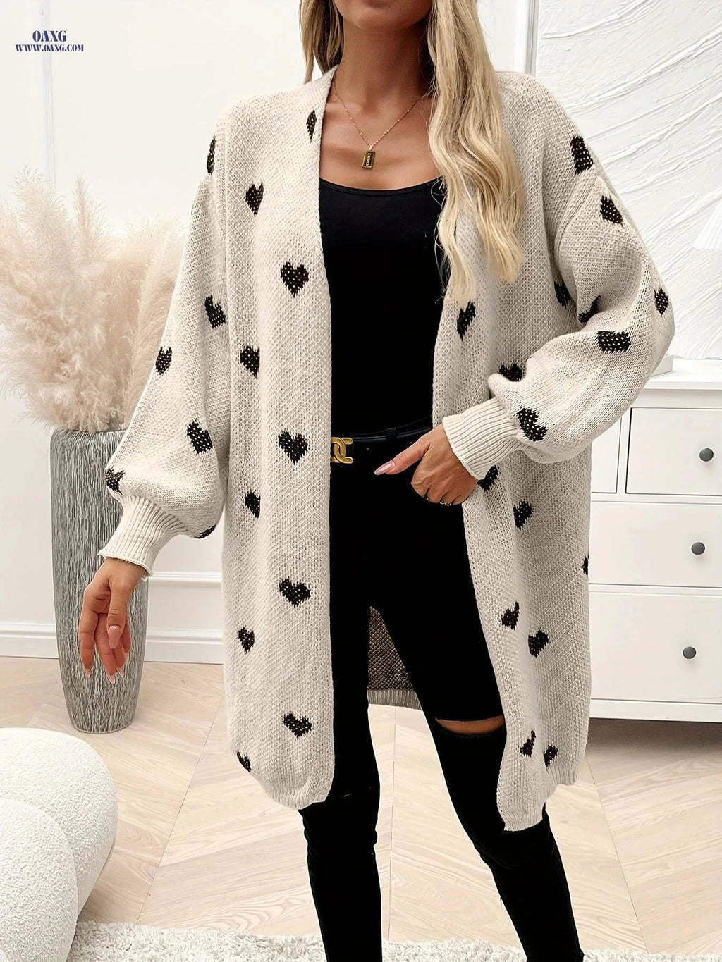 OAXG Heart Pattern Knitted Cardigan - Elegant Casual Long Sleeve   OAXG Khaki / S