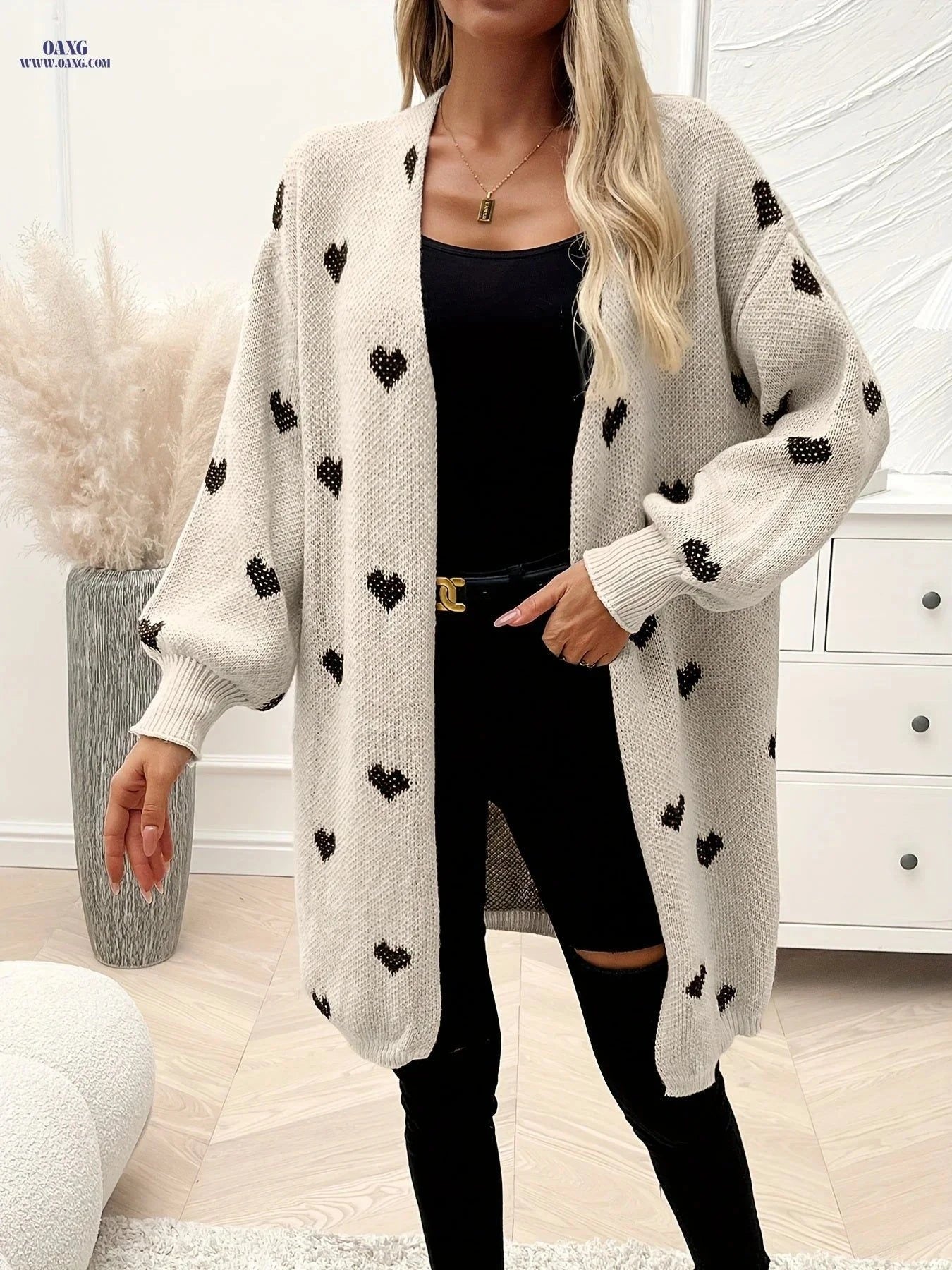 OAXG Heart Pattern Knitted Cardigan - Elegant Casual Long Sleeve   OAXG Khaki / S