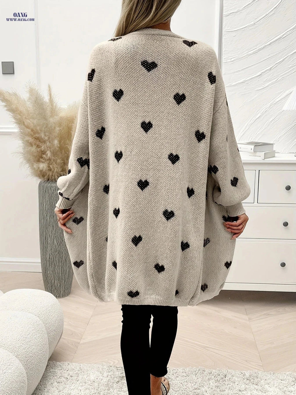 OAXG Heart Pattern Knitted Cardigan - Elegant Casual Long Sleeve   OAXG Khaki / S