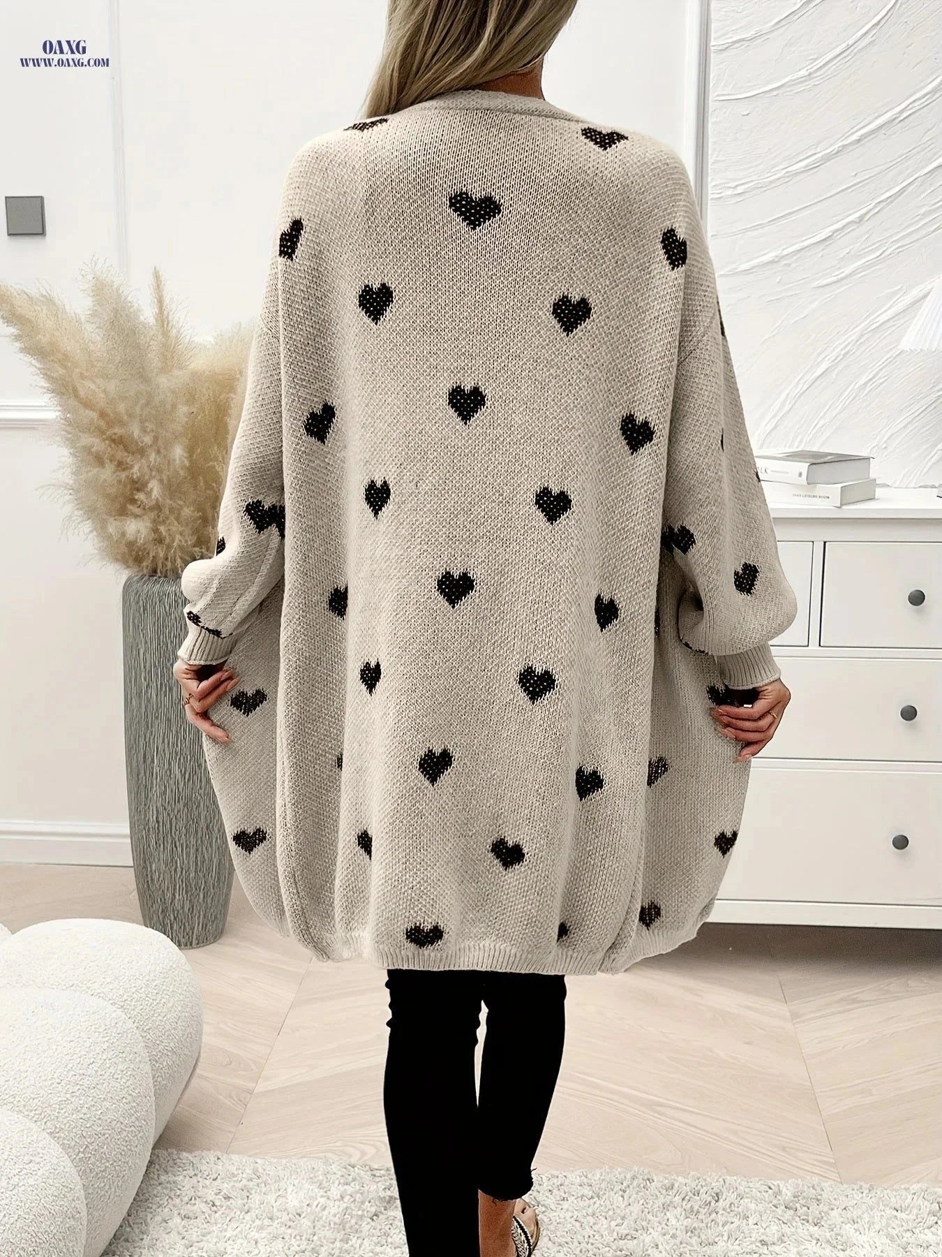 OAXG Heart Pattern Knitted Cardigan - Elegant Casual Long Sleeve   OAXG Khaki / S