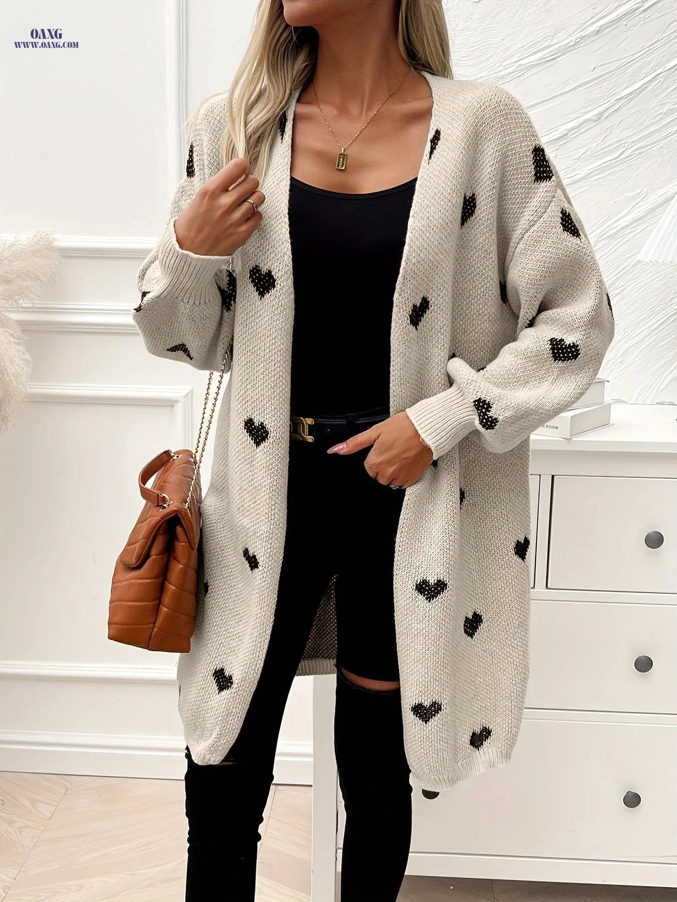 OAXG Heart Pattern Knitted Cardigan - Elegant Casual Long Sleeve   OAXG Khaki / S