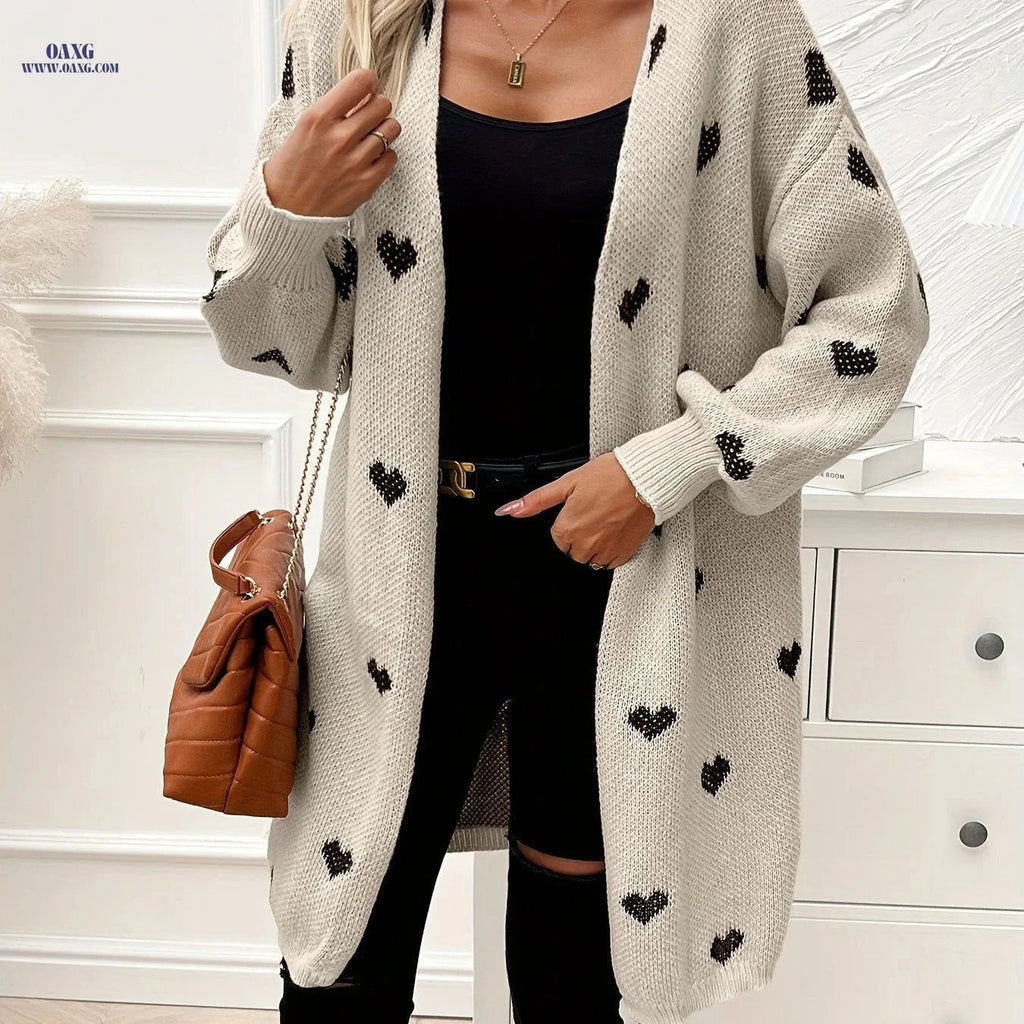 OAXG Heart Pattern Knitted Cardigan - Elegant Casual Long Sleeve   OAXG Khaki / S