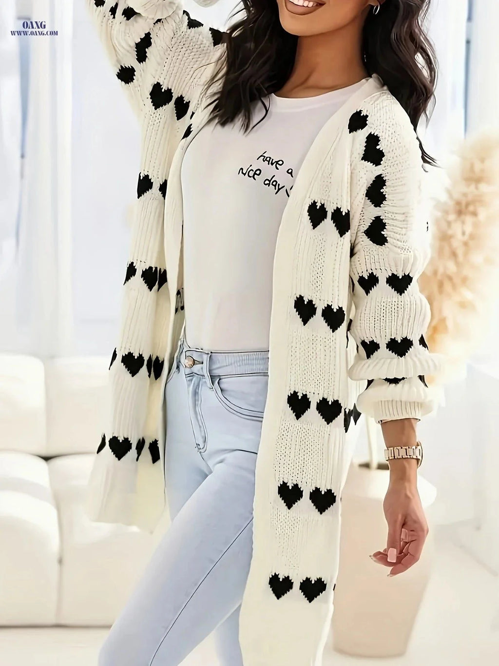 OAXG Heart Pattern Mid-Length Cardigan - Elegant V-Neck Design   OAXG Beige / S