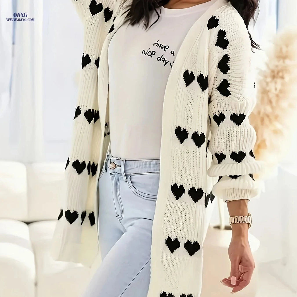 OAXG Heart Pattern Mid-Length Cardigan - Elegant V-Neck Design   OAXG Beige / S