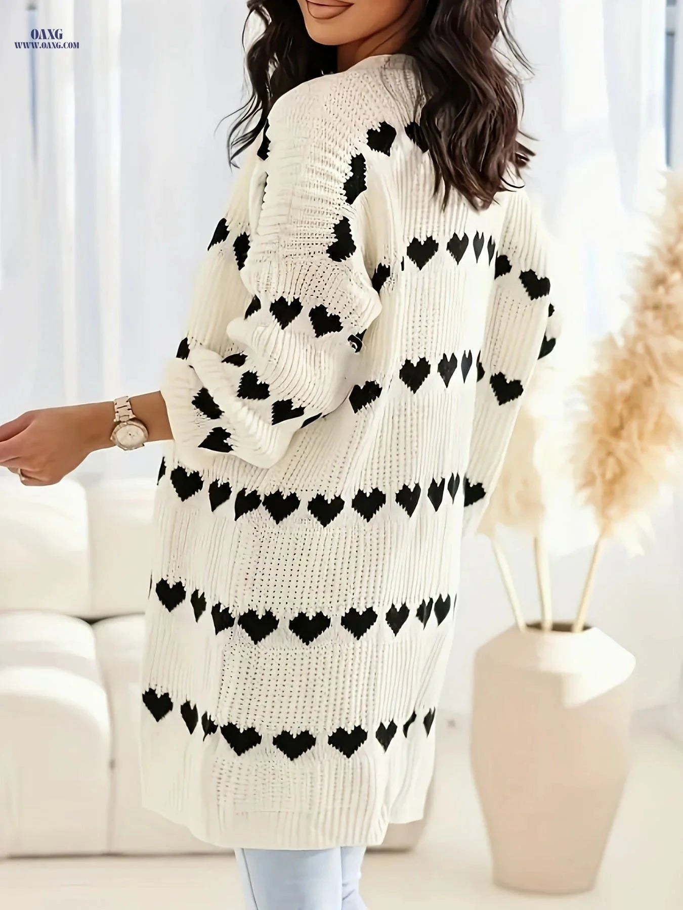 OAXG Heart Pattern Mid-Length Cardigan - Elegant V-Neck Design   OAXG Beige / S