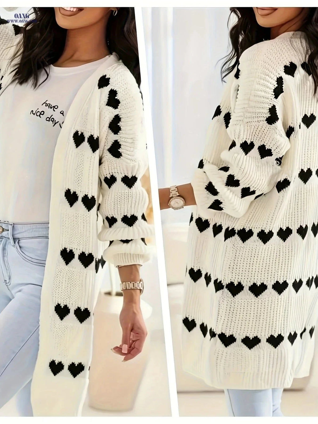 OAXG Heart Pattern Mid-Length Cardigan - Elegant V-Neck Design   OAXG Beige / S