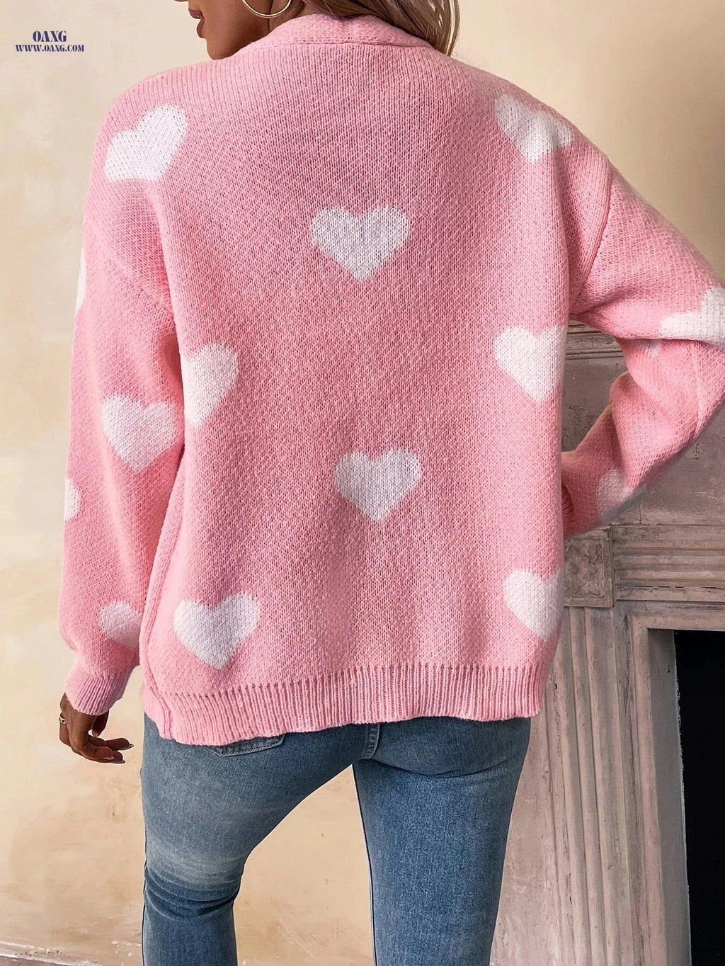 OAXG Heart Pattern V-neck Cardigan Sweater - Elegant Knit Design   OAXG Pink / S