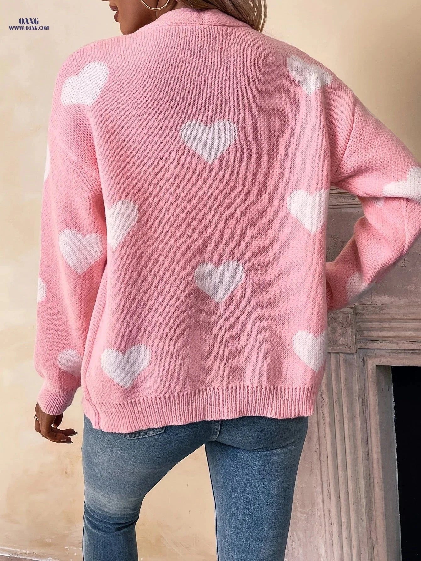 OAXG Heart Pattern V-neck Cardigan Sweater - Elegant Knit Design   OAXG Pink / S
