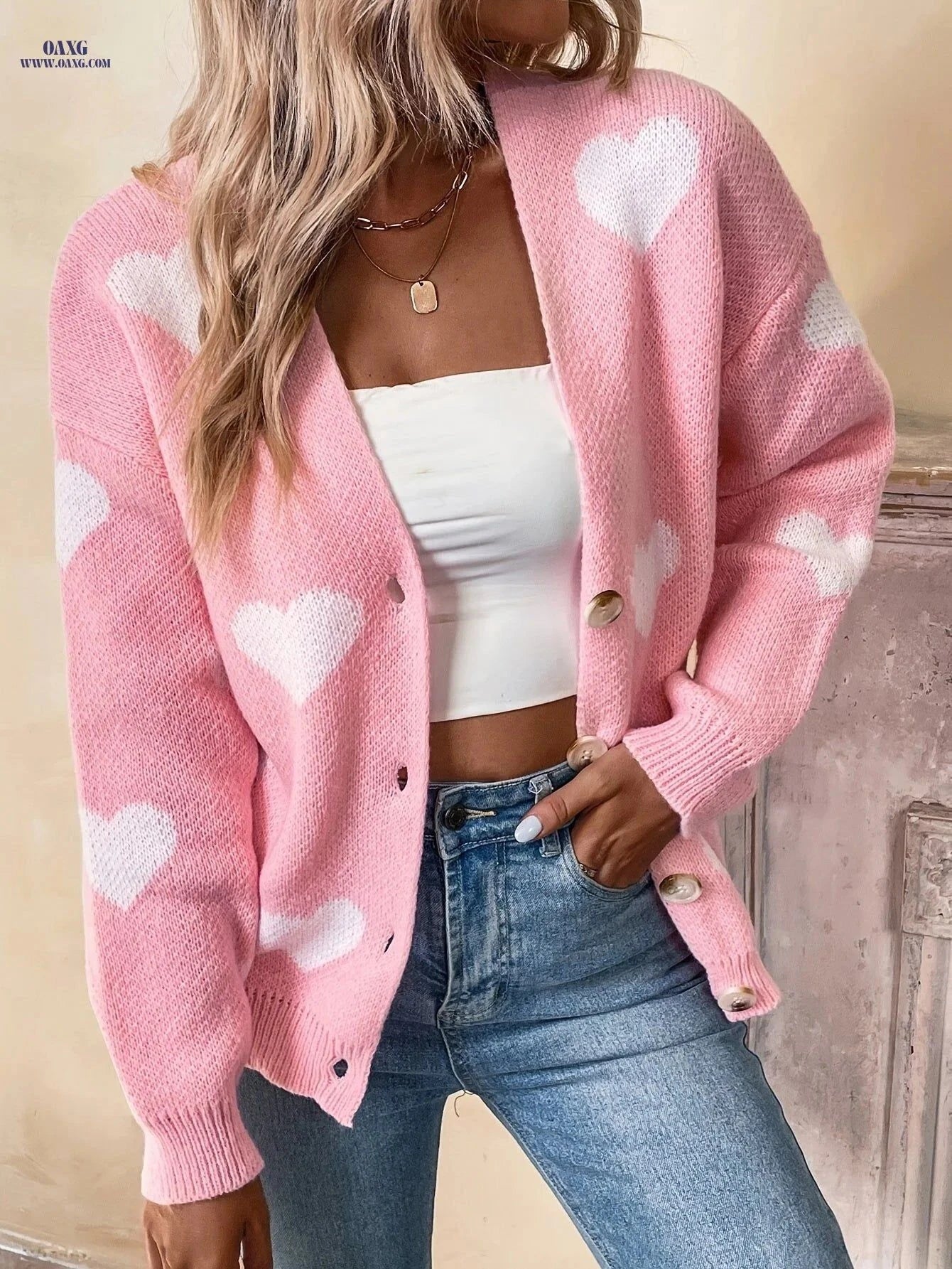OAXG Heart Pattern V-neck Cardigan Sweater - Elegant Knit Design   OAXG Pink / S